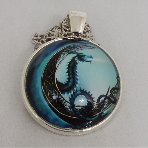 Luny's Emporium Jewelry - Gothic Dragon on Moon photo glass necklace